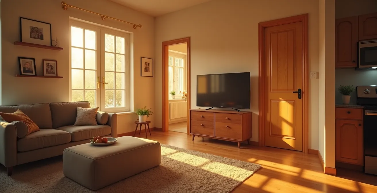 Intérieur chaleureux adapté avec chemins lumineux discrets et repères visuels colorés