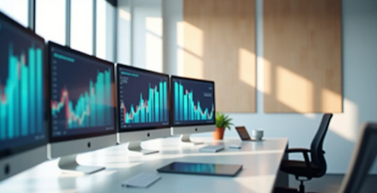 Vue environnementale d'un bureau moderne avec graphiques financiers abstraits sur des écrans floutés