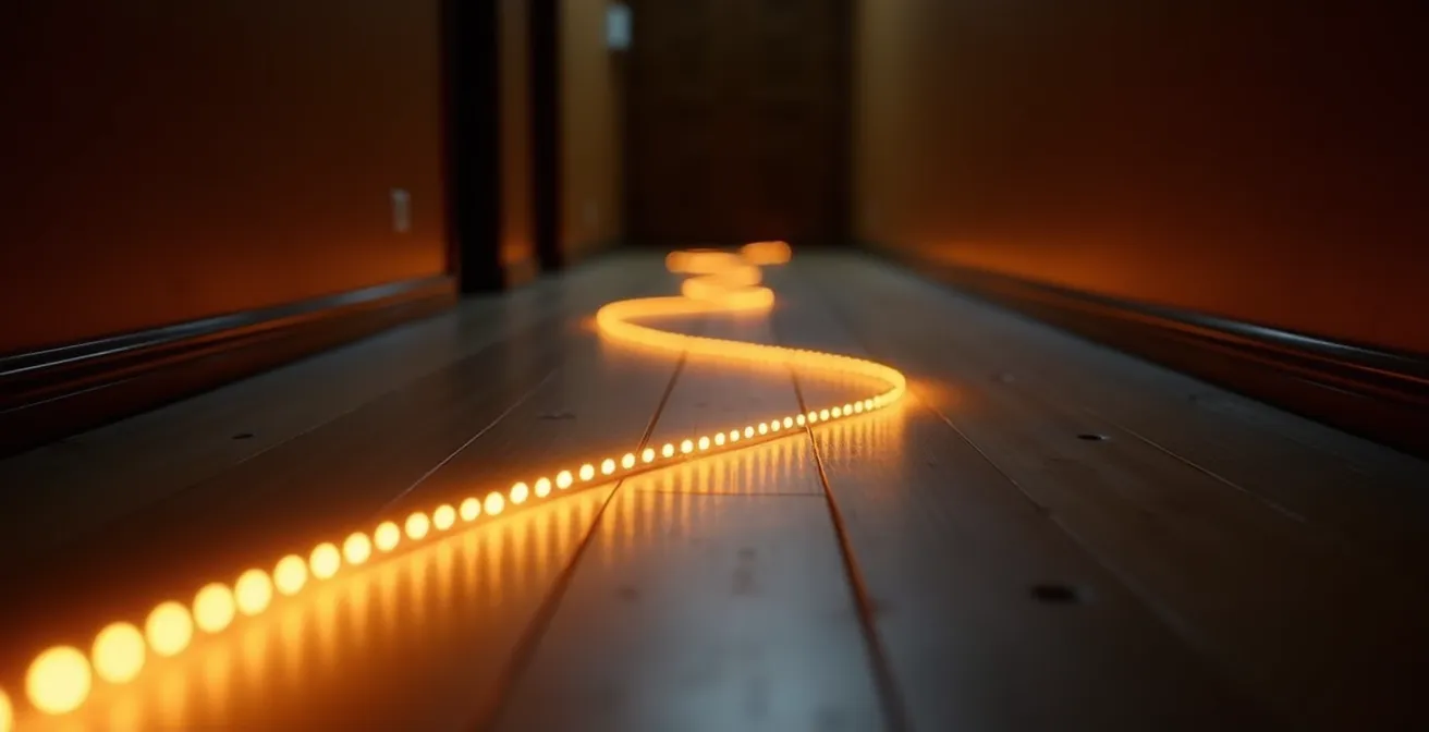 Couloir nocturne avec bandes LED adhésives au sol créant un chemin lumineux sécurisé