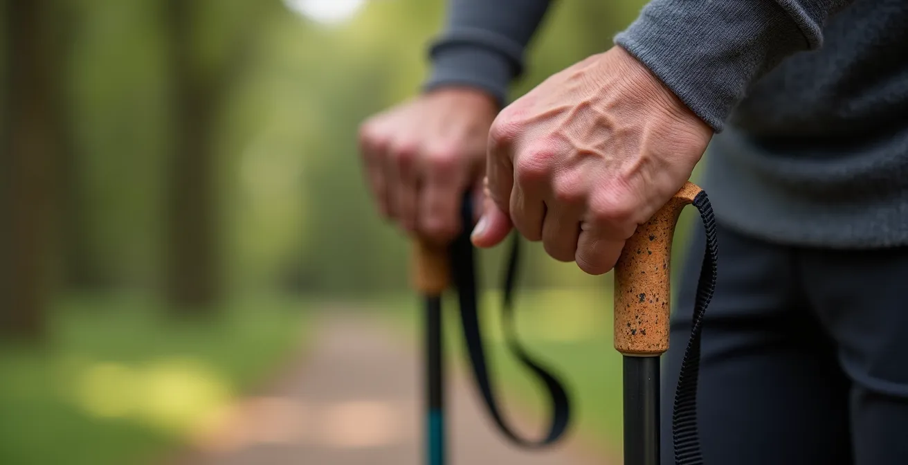 Gros plan sur les mains d'un senior tenant correctement des bâtons de marche nordique