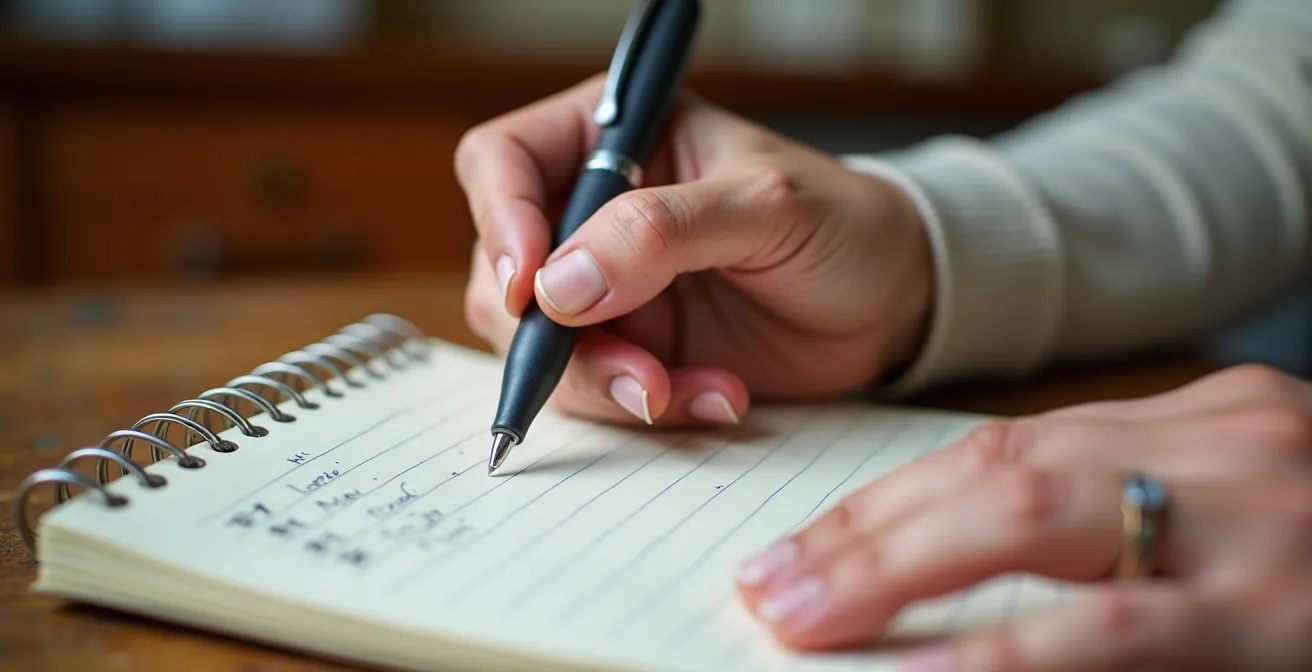 Mains d'une auxiliaire de vie notant des informations dans un cahier de liaison