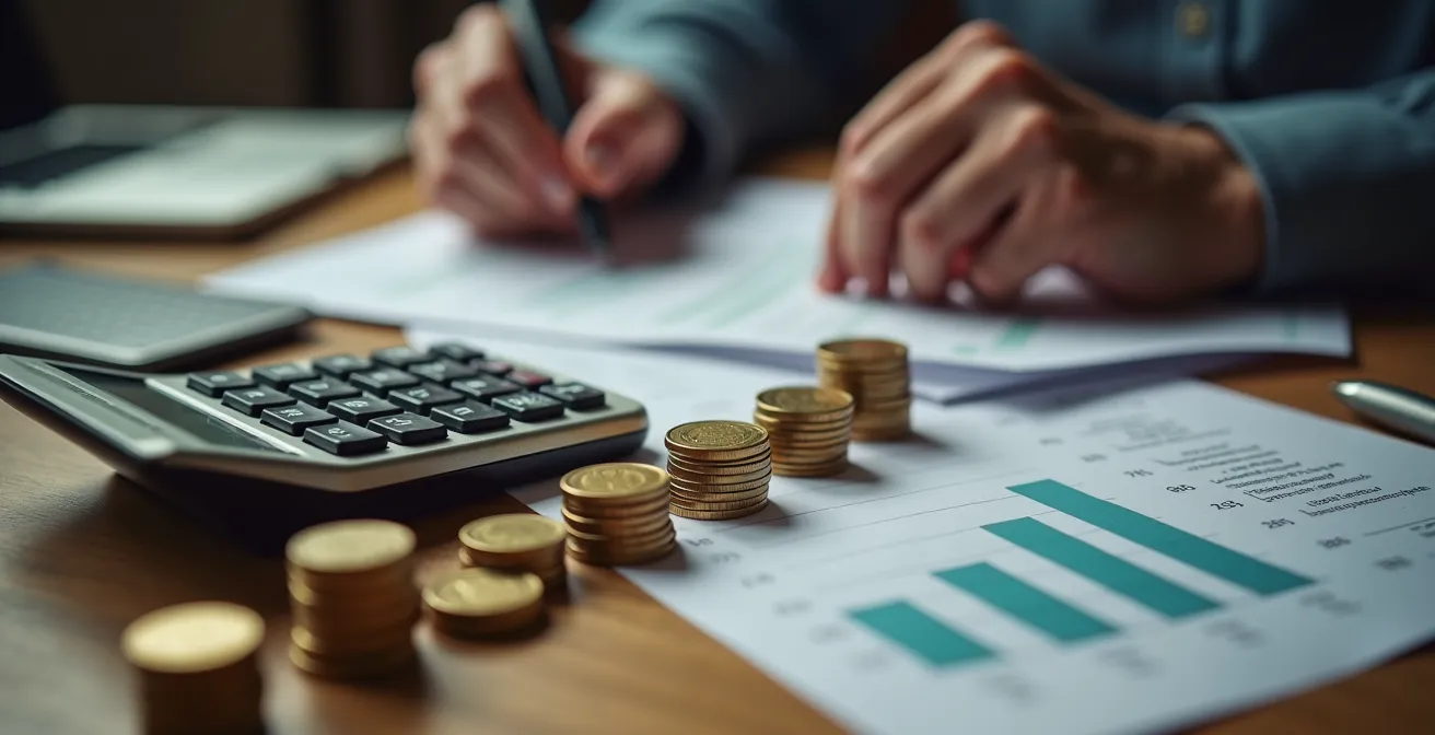 Calculatrice et documents financiers sur bureau avec main de senior prenant des notes