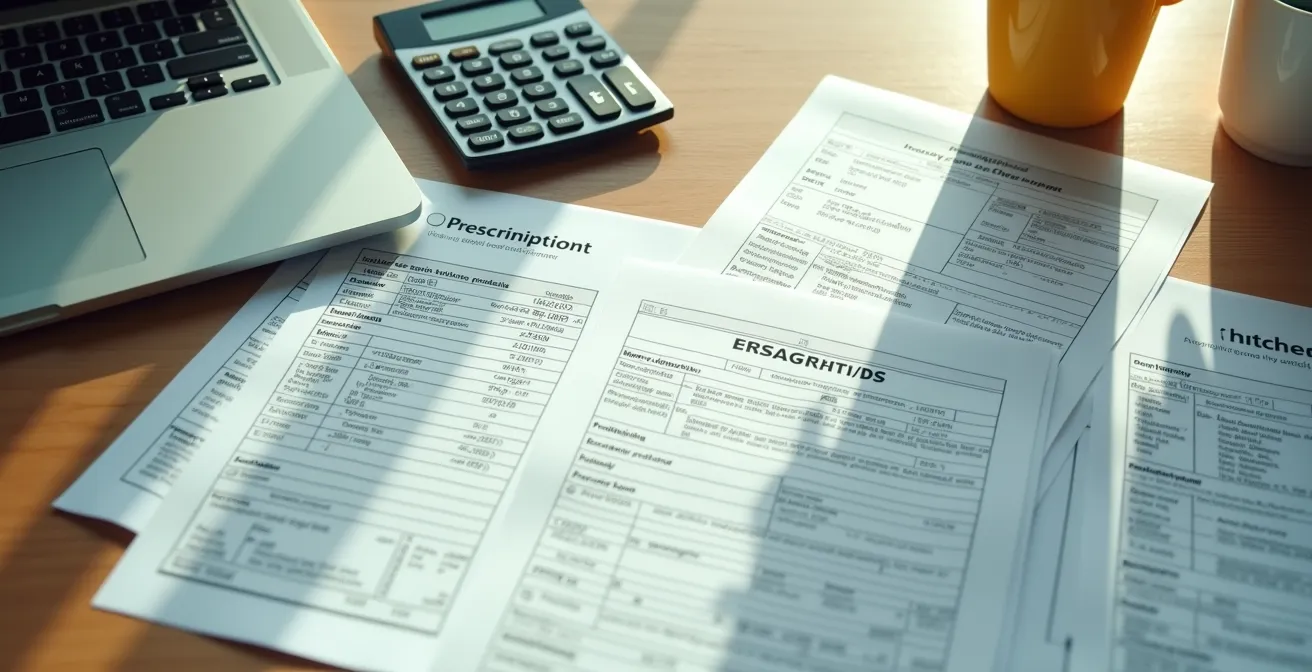 Vue en plongée de documents médicaux et calculatrice sur bureau