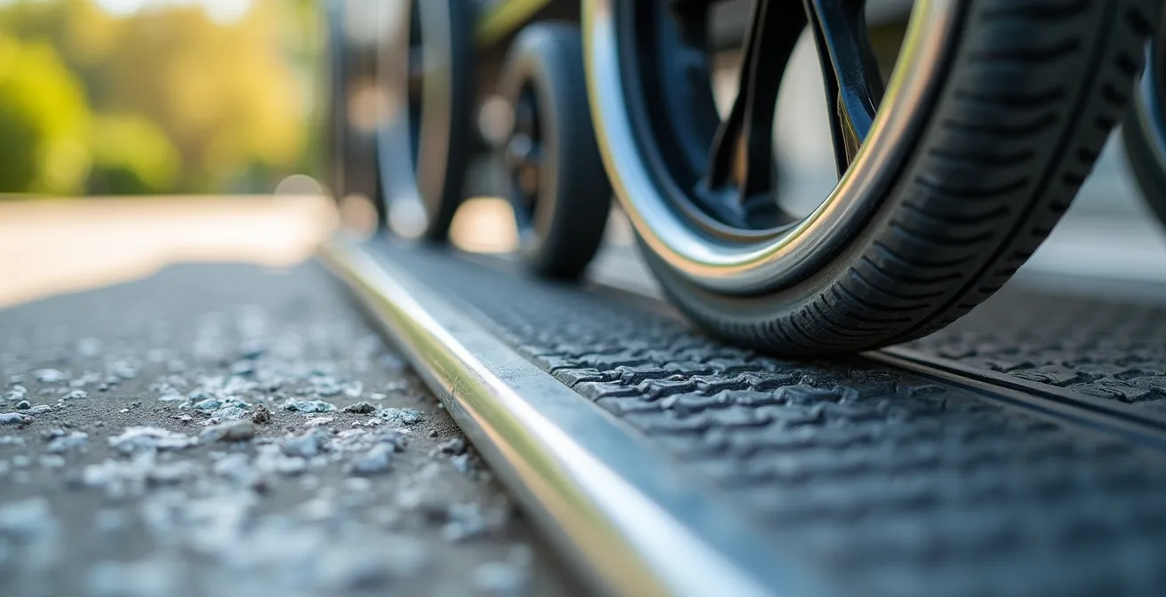 Gros plan sur un chasse-roues métallique le long d'une rampe avec roue de fauteuil roulant à proximité