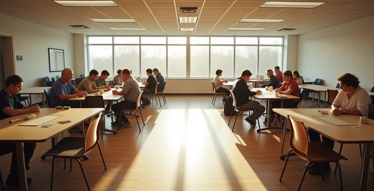 Groupe intergénérationnel partageant des jeux de société dans un espace communautaire lumineux