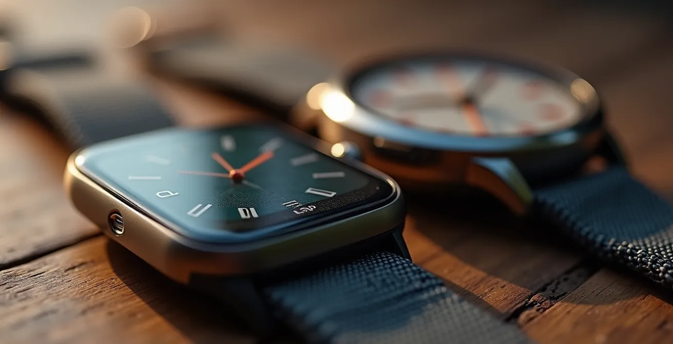 Détail macro sur les textures d'une montre moderne et d'un pendentif d'alerte posés sur surface en bois