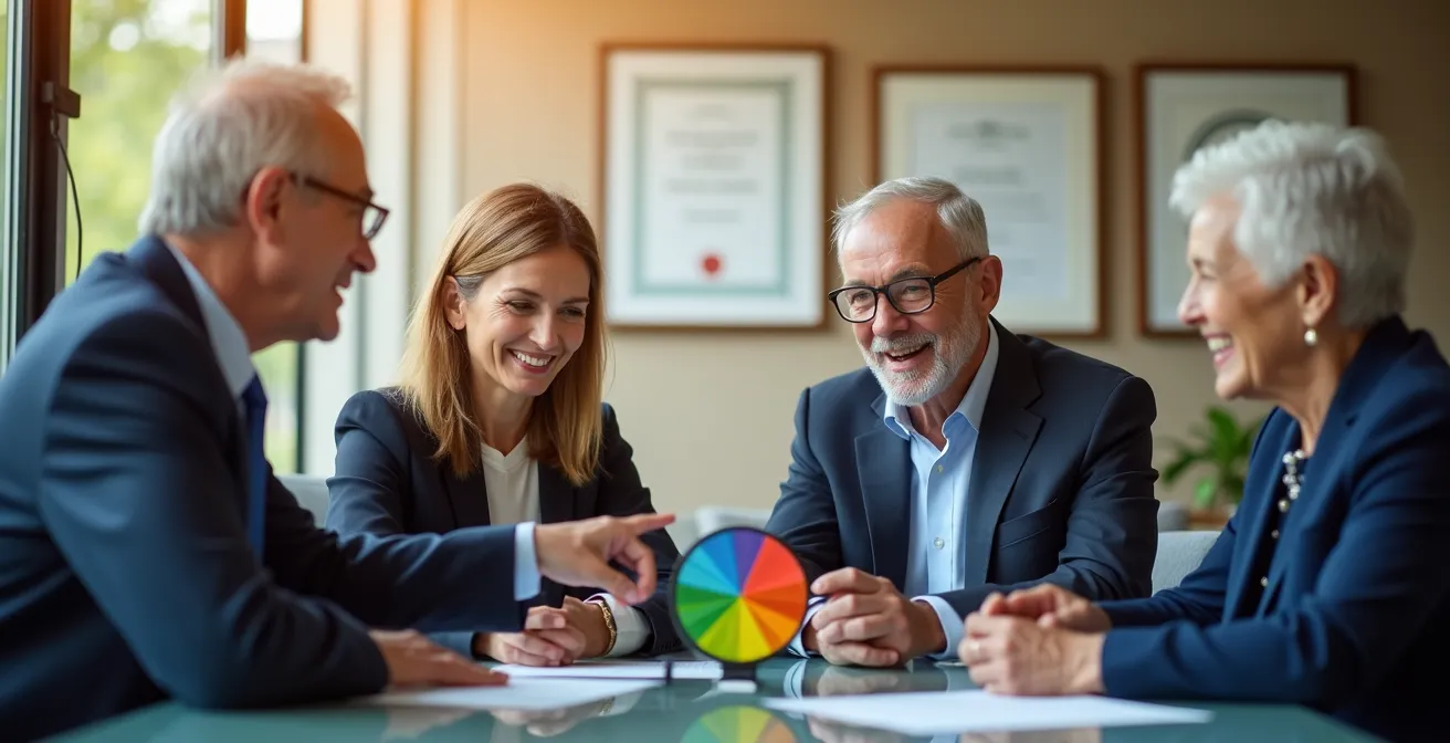 Réunion professionnelle entre un conseiller en gestion de patrimoine et un couple de seniors analysant leur diversification