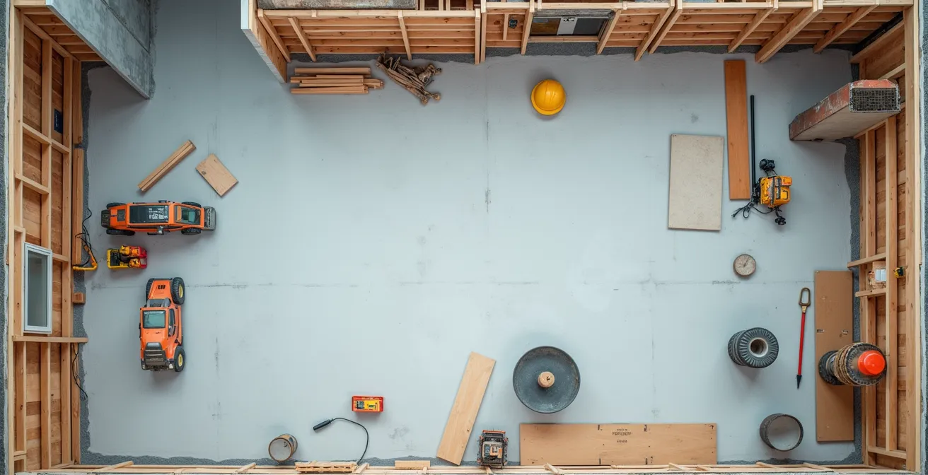 Vue d'ensemble d'un chantier de rénovation avec zones d'adaptation et zones énergétiques marquées