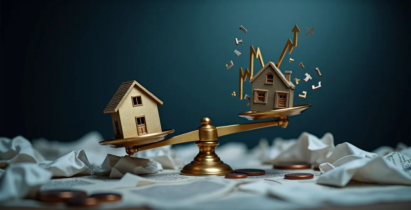 Représentation visuelle de la spirale baissière touchant simultanément l'immobilier et la bourse lors d'une crise de liquidité