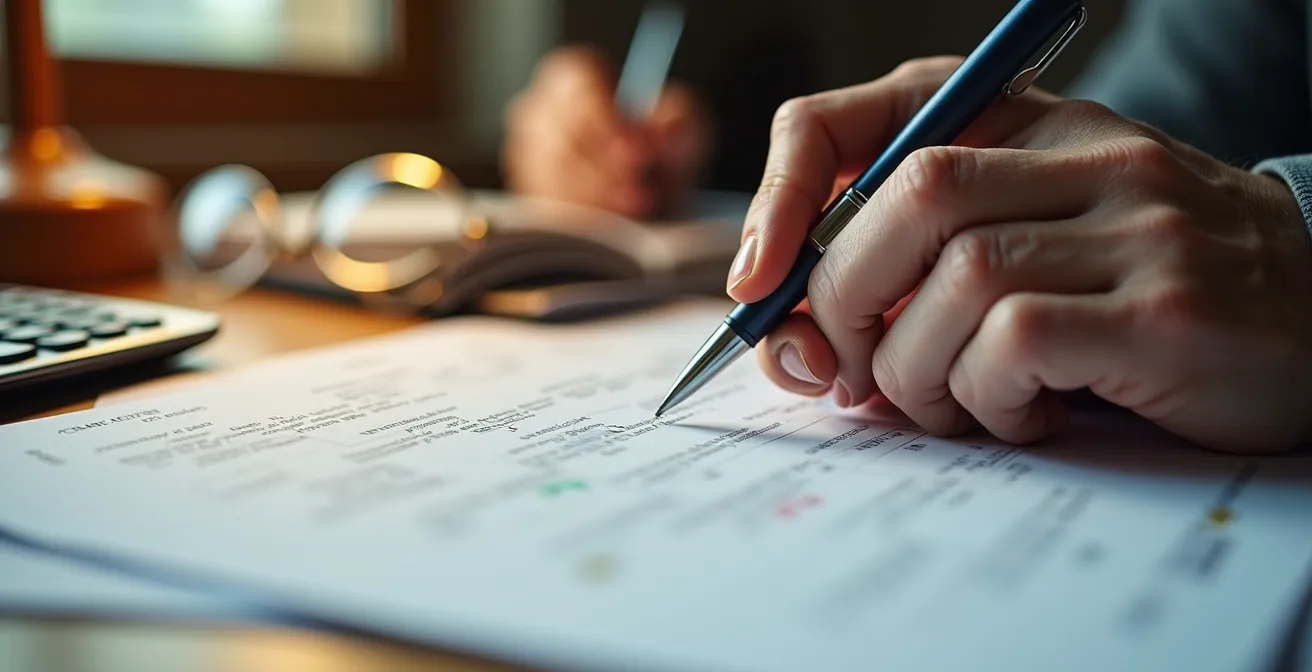 Bureau avec dossiers administratifs ouverts, calculatrice et stylo, mains de personne âgée remplissant un formulaire