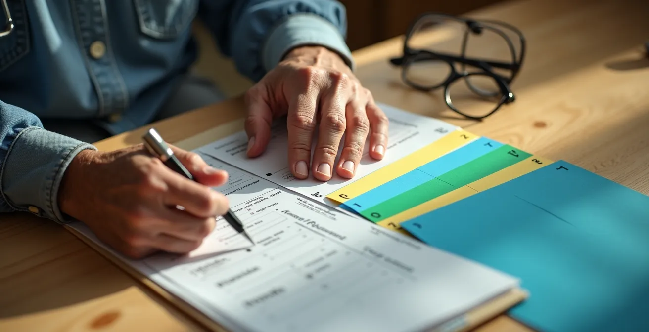 Mains de senior organisant des documents médicaux sur un bureau