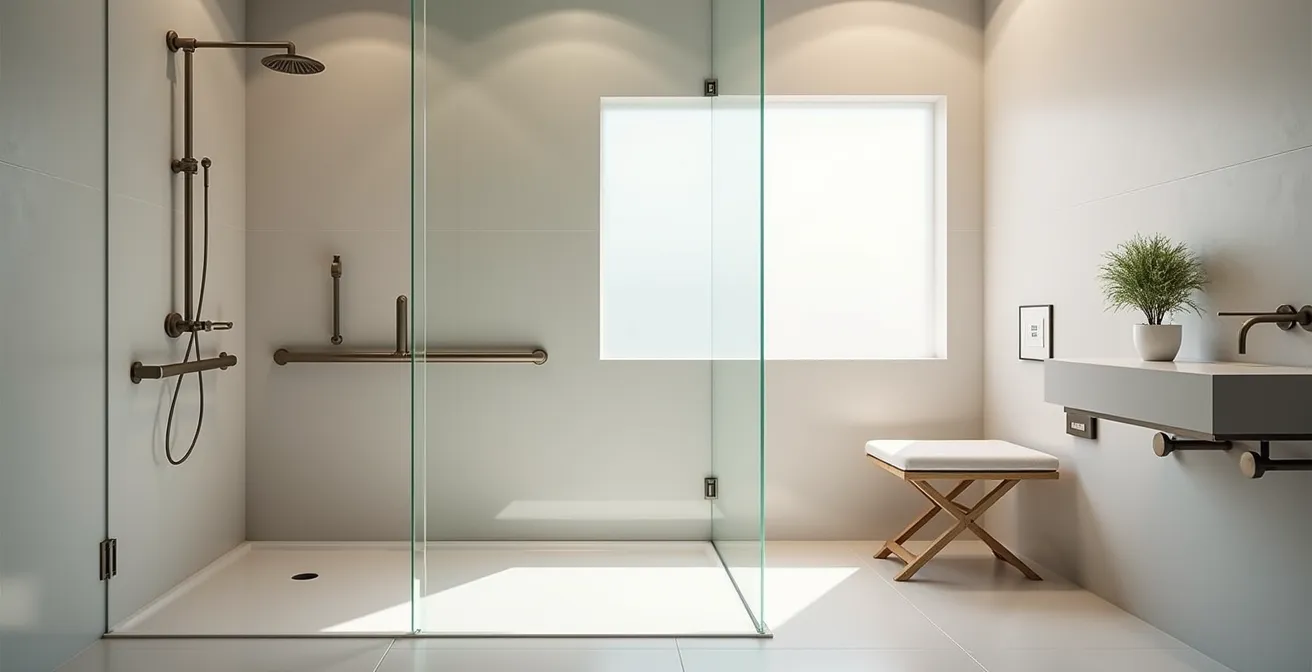 Salle de bain moderne et épurée avec une douche de plain-pied accessible en fauteuil roulant