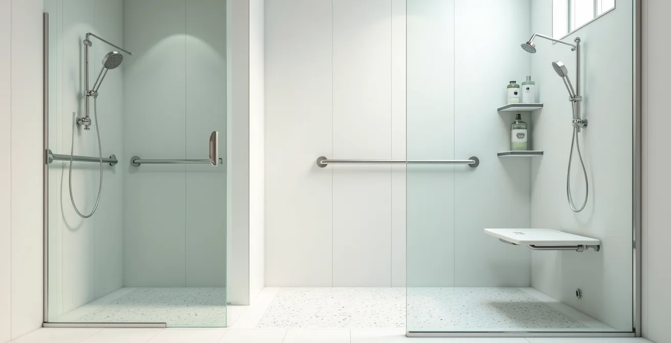 Configuration ergonomique d'une douche adaptée permettant l'assistance d'une auxiliaire de vie