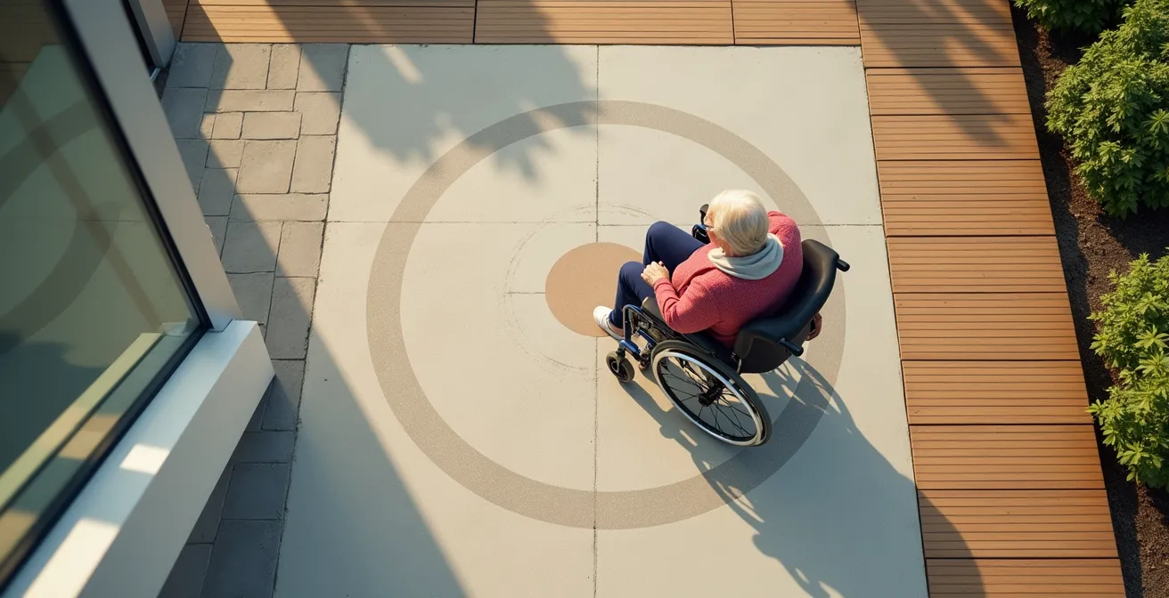 Vue aérienne d'un palier de rampe montrant l'espace de rotation d'1,50m pour fauteuil roulant