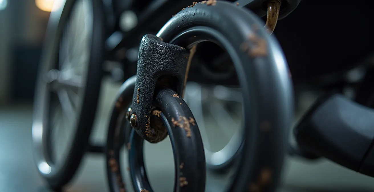 Gros plan sur les détails d'usure d'un fauteuil roulant