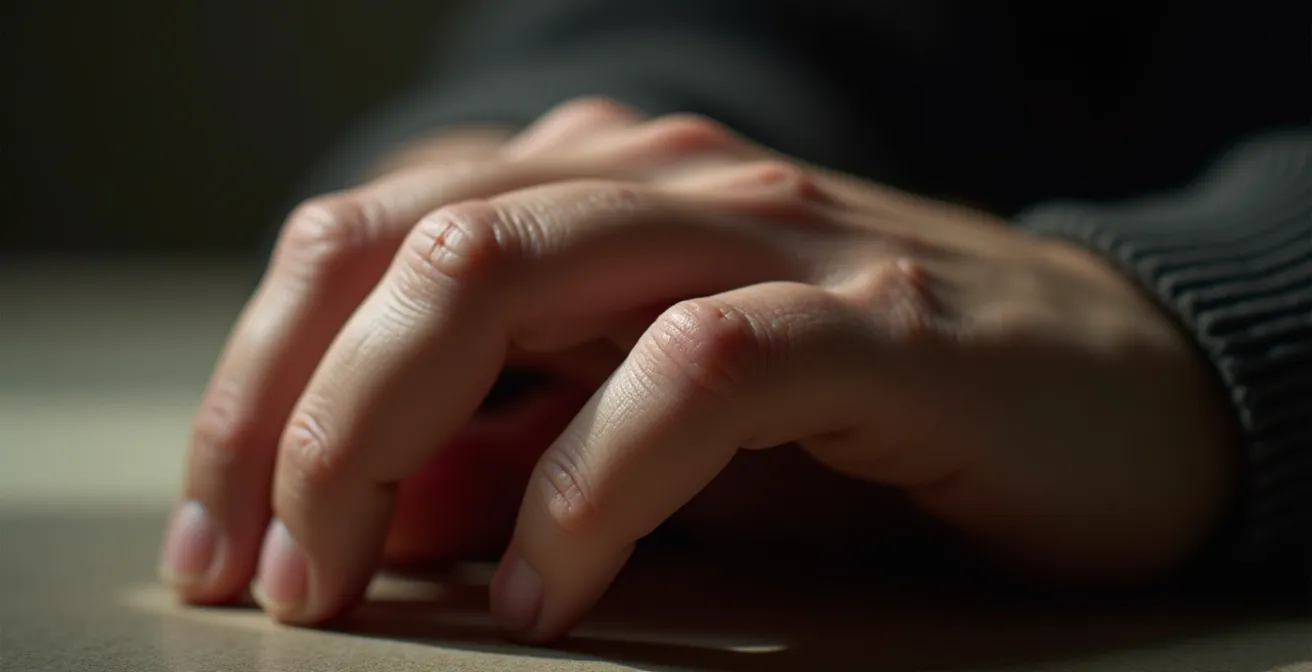 Gros plan macro sur une main posée montrant les détails de fatigue et le besoin de repos