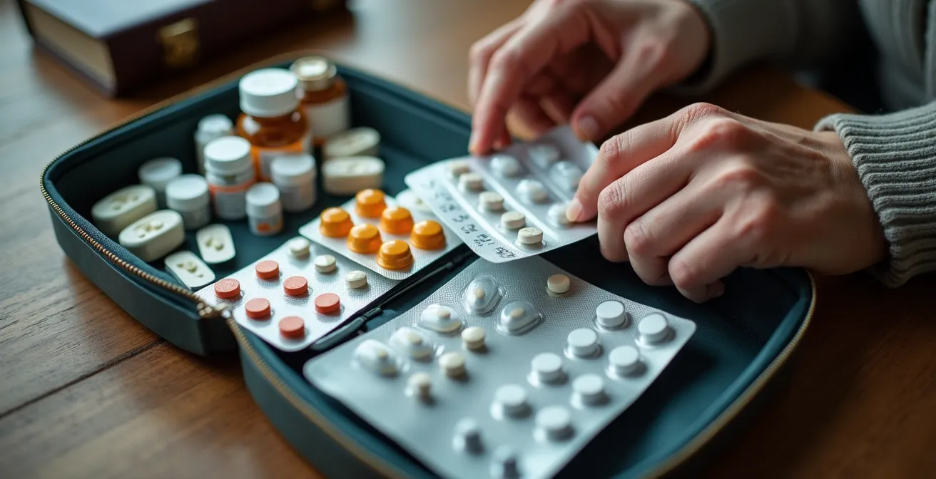 Gros plan sur des mains organisant une trousse de médicaments pour voyage avec passeport visible