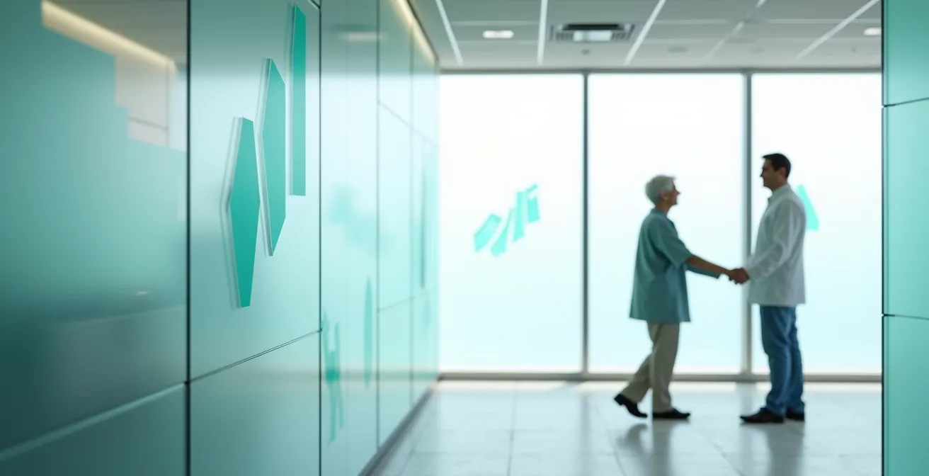 Schéma abstrait du parcours de soins avec silhouettes de professionnels de santé
