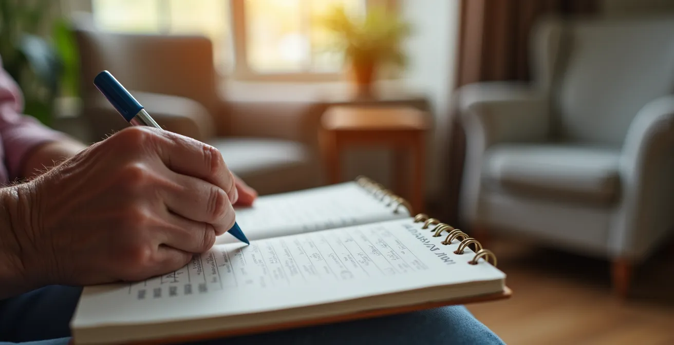 Main de senior tenant un carnet de notes avec stylo dans un environnement domestique chaleureux