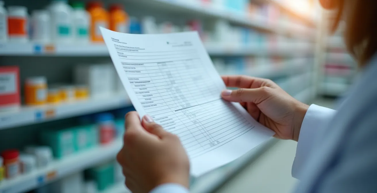 Mains de pharmacien vérifiant une ordonnance avec ordinateur flou en arrière-plan