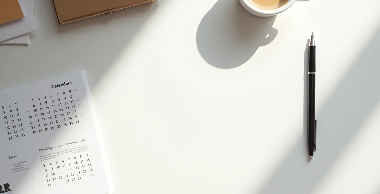 Vue aérienne minimaliste d'un bureau avec calendrier et documents administratifs flous