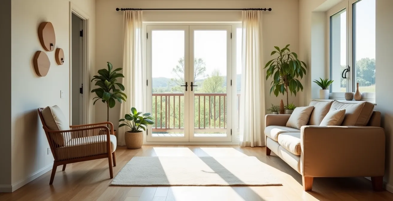 Vue large d'un salon adapté pour senior avec espaces de circulation dégagés et éclairage optimal