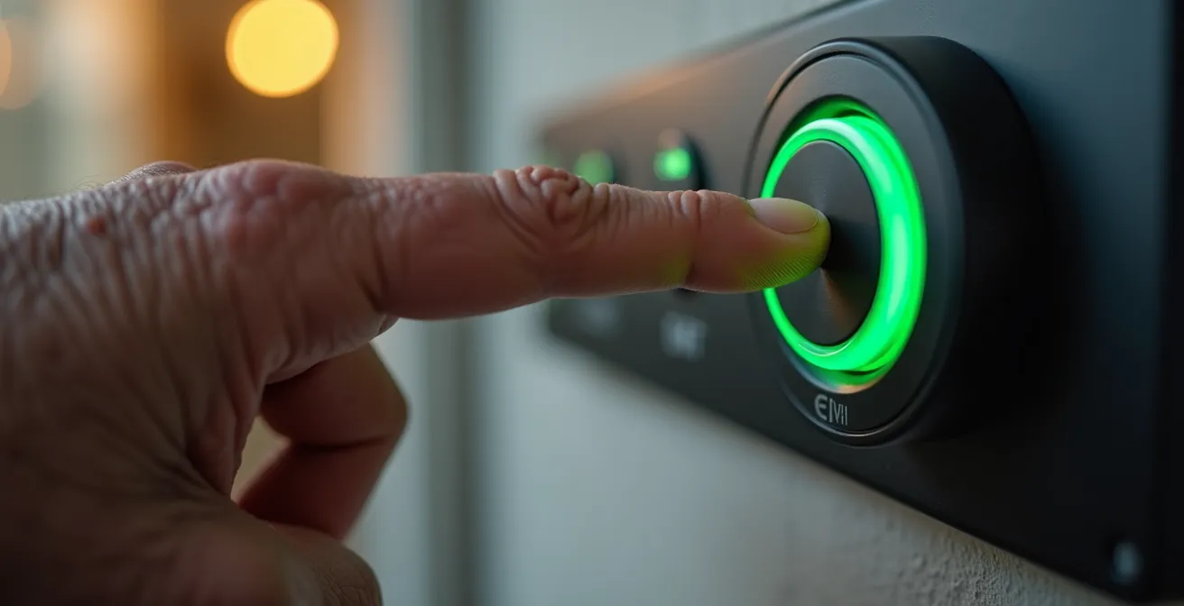 Main de senior appuyant sur un bouton de scénario domotique avec effet lumineux