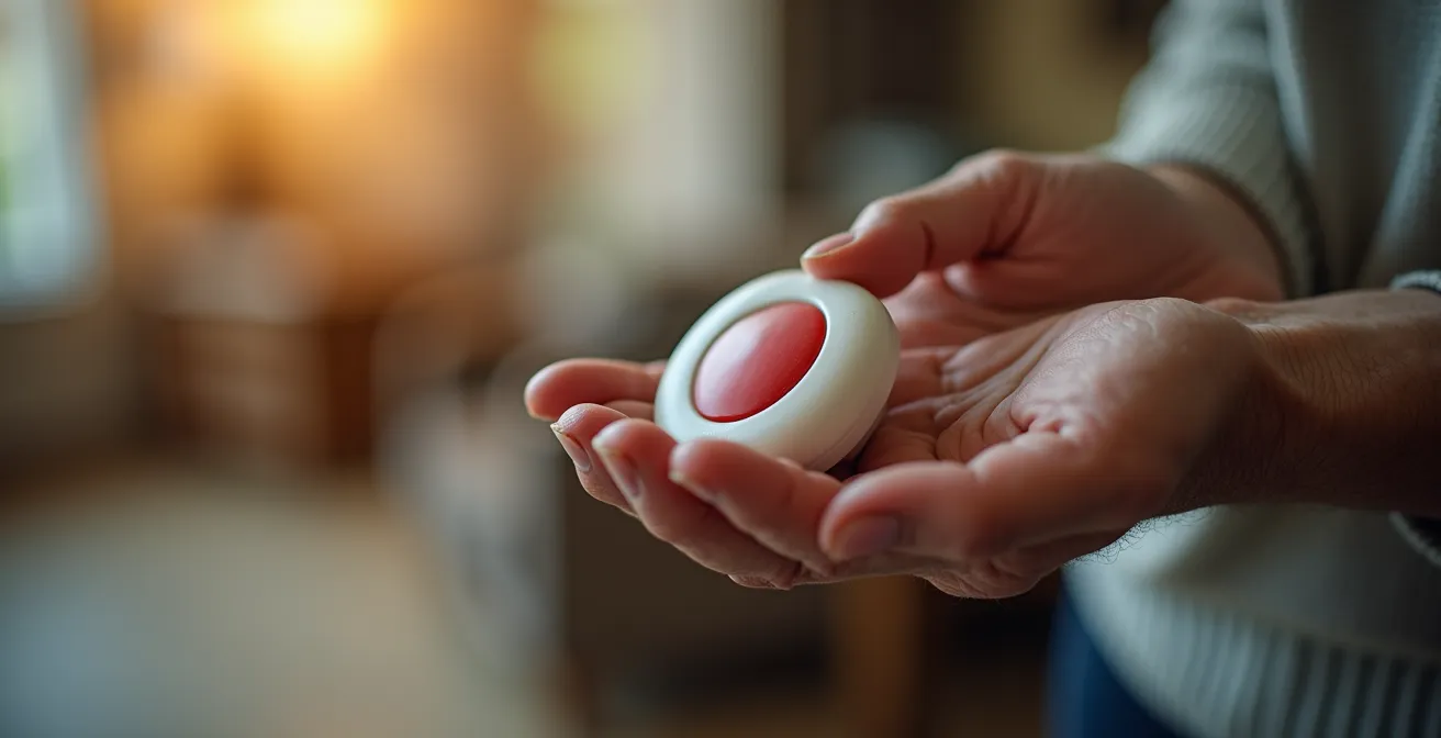Main d'une personne âgée tenant discrètement un dispositif d'urgence dans un intérieur sécurisé