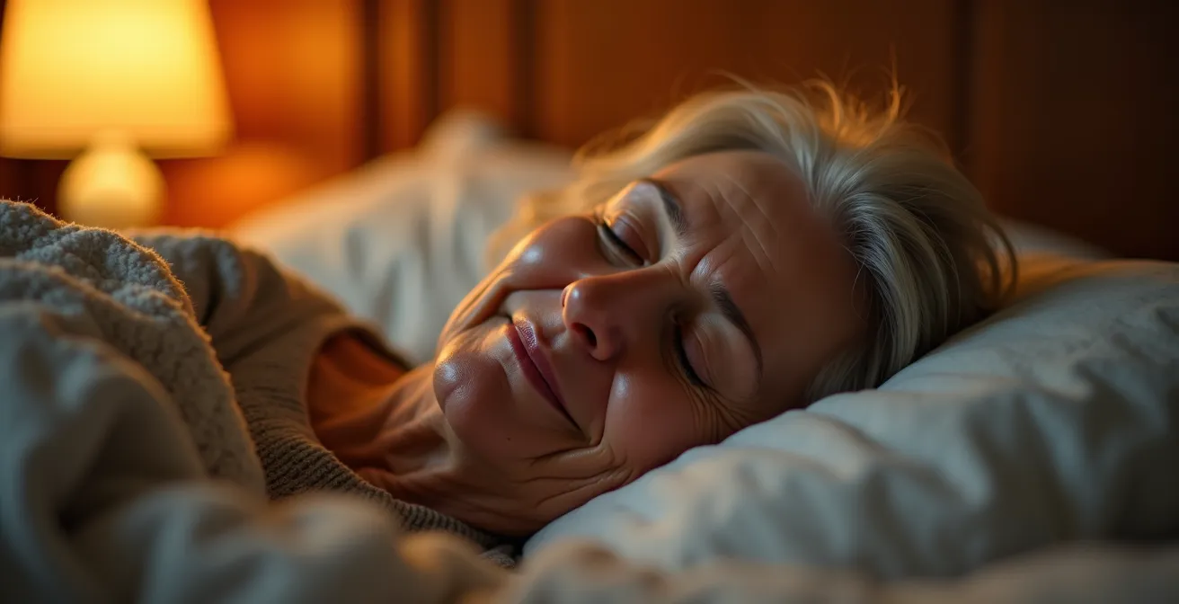Personne âgée dormant paisiblement dans une chambre baignée d'une lumière ambrée douce