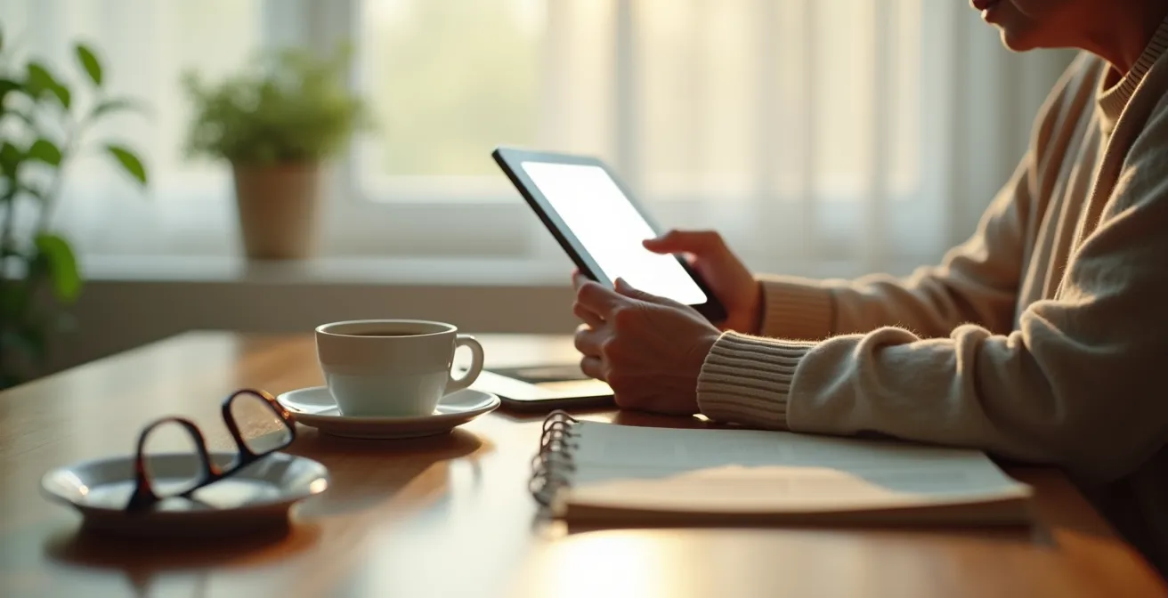Personne âgée utilisant une tablette dans un environnement domestique pour accéder aux services de santé en ligne