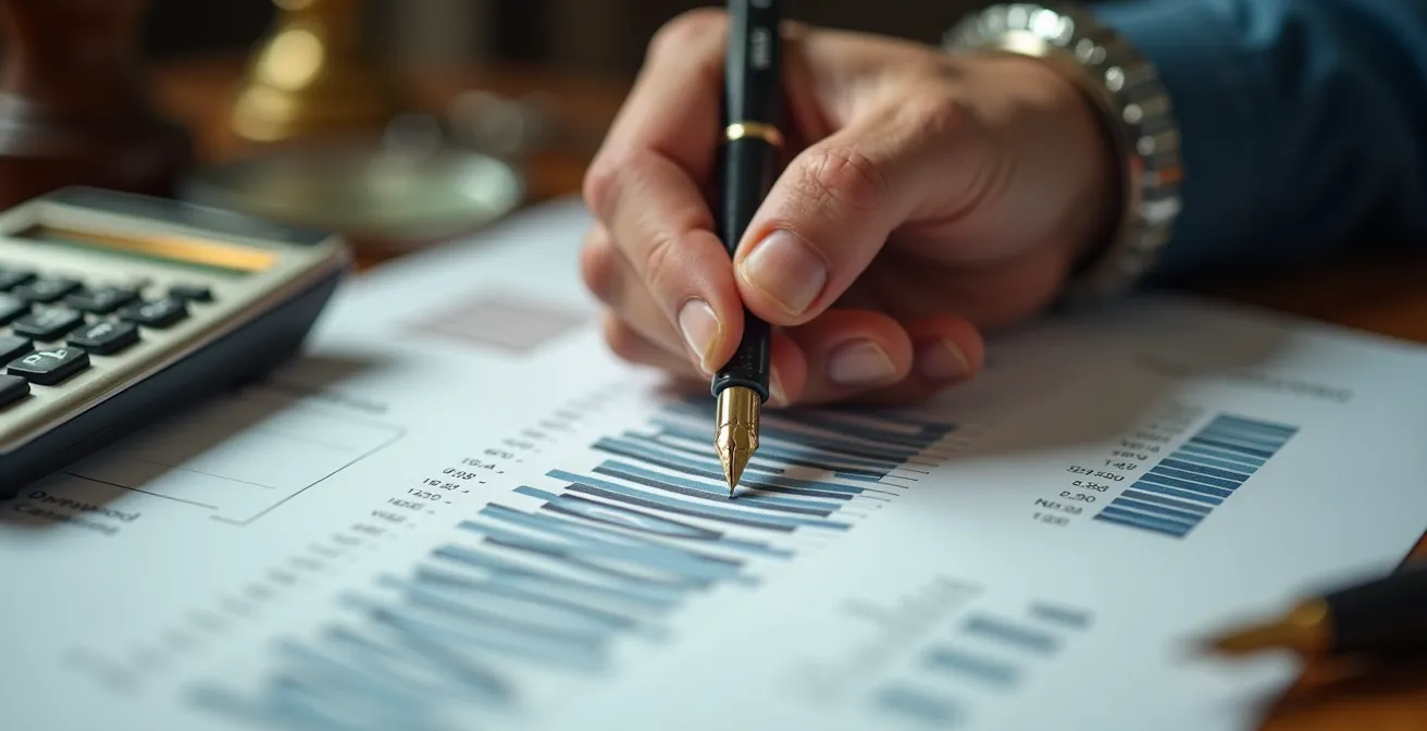 Main experte analysant des graphiques de rendement de dividendes avec calculatrice et documents financiers