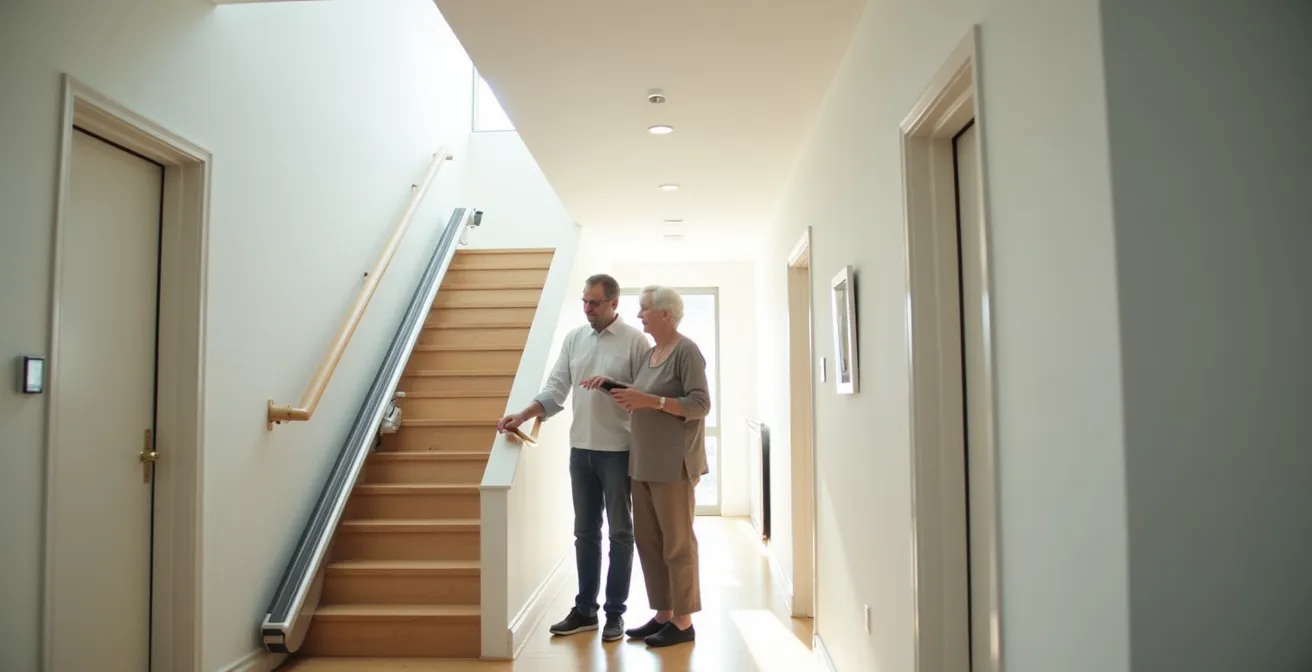 Couple de seniors testant un monte-escalier avec un technicien expliquant les commandes, vue d'ensemble de l'escalier