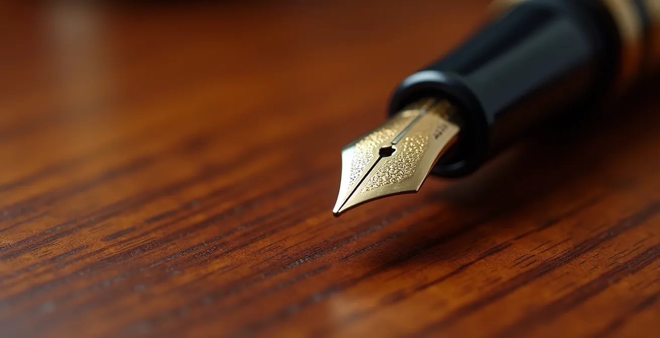 Vue macro d'une main tenant un stylo plume au-dessus d'un bureau en bois verni