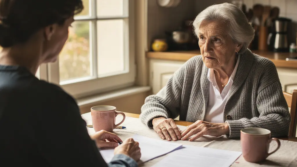 Adulte européen et parent âgé discutant autour d'une table dans un intérieur chaleureux