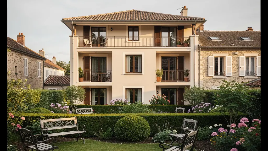 Façade de résidence senior avec jardin paysager dans une ville française