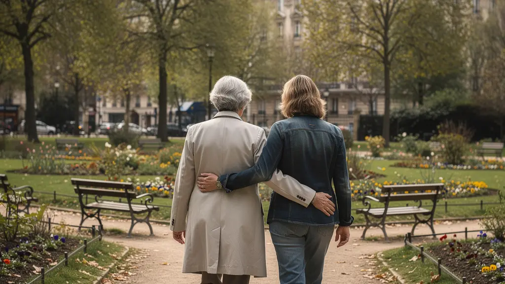 Personne âgée et proche adulte marchant ensemble dans un parc arboré en Île-de-France