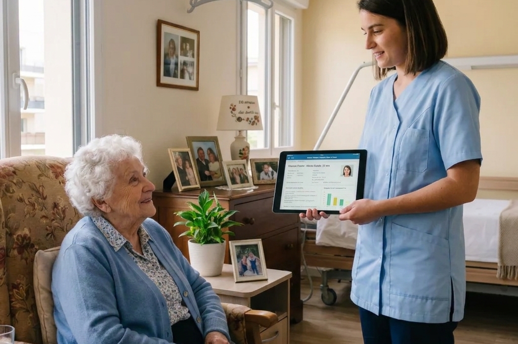 Résident senior assis dans un fauteuil de sa chambre d'EHPAD contemporaine, en conversation avec une aide-soignante debout consultant une tablette numérique. La pièce lumineuse présente des équipements médicalisés discrets (lit médicalisé, rail de transfert) intégrés dans un décor personnalisé avec photos de famille et plante verte. Lumière naturelle douce entrant par une large fenêtre.