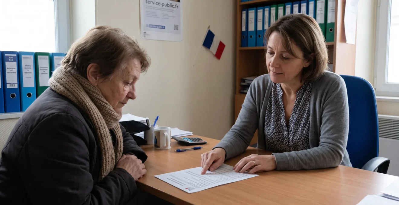 Conseillère sociale d'un CCAS assise à son bureau face à une femme senior (proche aidante), toutes deux penchées ensemble sur un document administratif de demande d'aide. La conseillère pointe du doigt une ligne du formulaire pour expliquer un point. Décor de bureau administratif français sobre avec étagères, classeurs et affiche service-public.fr.