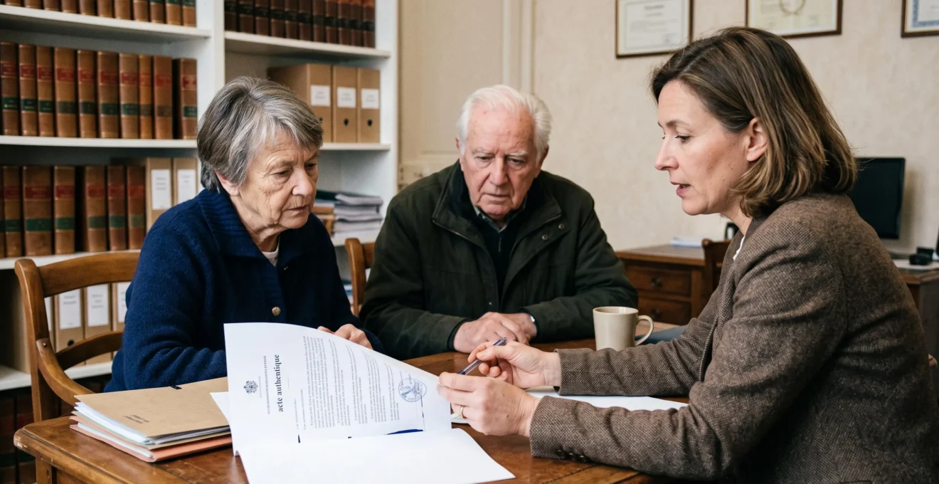 Couple de seniors (70-75 ans) assis face à un notaire derrière son bureau en bois massif dans une étude notariale française. Le notaire présente un document contractuel ouvert. Décor d'étude classique avec bibliothèque juridique, mobilier en bois et diplômes encadrés. Lumière naturelle tamisée. Expression sérieuse et concentrée traduisant la gravité de la décision patrimoniale.