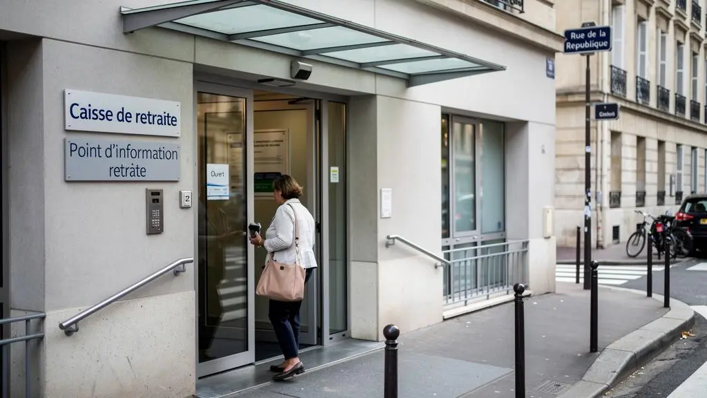 Femme d'une cinquantaine d'années se rendant à l'entrée d'une caisse de retraite dans un environnement urbain français Femme d'une cinquantaine d'années se rendant à l'entrée d'une caisse de retraite dans un environnement urbain français