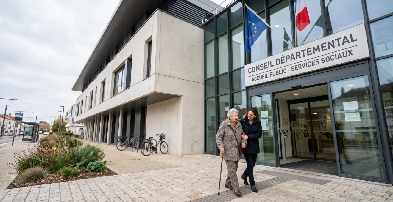 Façade d'un bâtiment administratif français contemporain (Conseil Départemental) avec architecture publique moderne en verre et béton clair, signalétique en français visible ('Accueil Public - Services Sociaux'), drapeau français. Une personne senior accompagnée franchit l'entrée du bâtiment. Ciel légèrement nuageux, lumière naturelle de journée.
