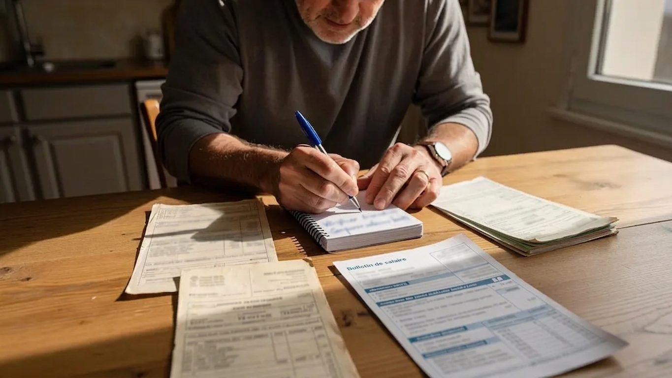 Homme d'une cinquantaine d'années vérifiant et annotant ses bulletins de salaire et relevés de carrière étalés sur une table à domicile Homme d'une cinquantaine d'années vérifiant et annotant ses bulletins de salaire et relevés de carrière étalés sur une table à domicile